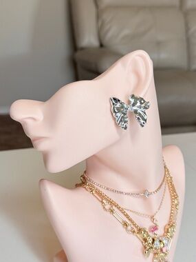 Dangle Silver Bow Statement Earrings